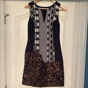 Anthropologie Black and Gold Patterned Mini Dress